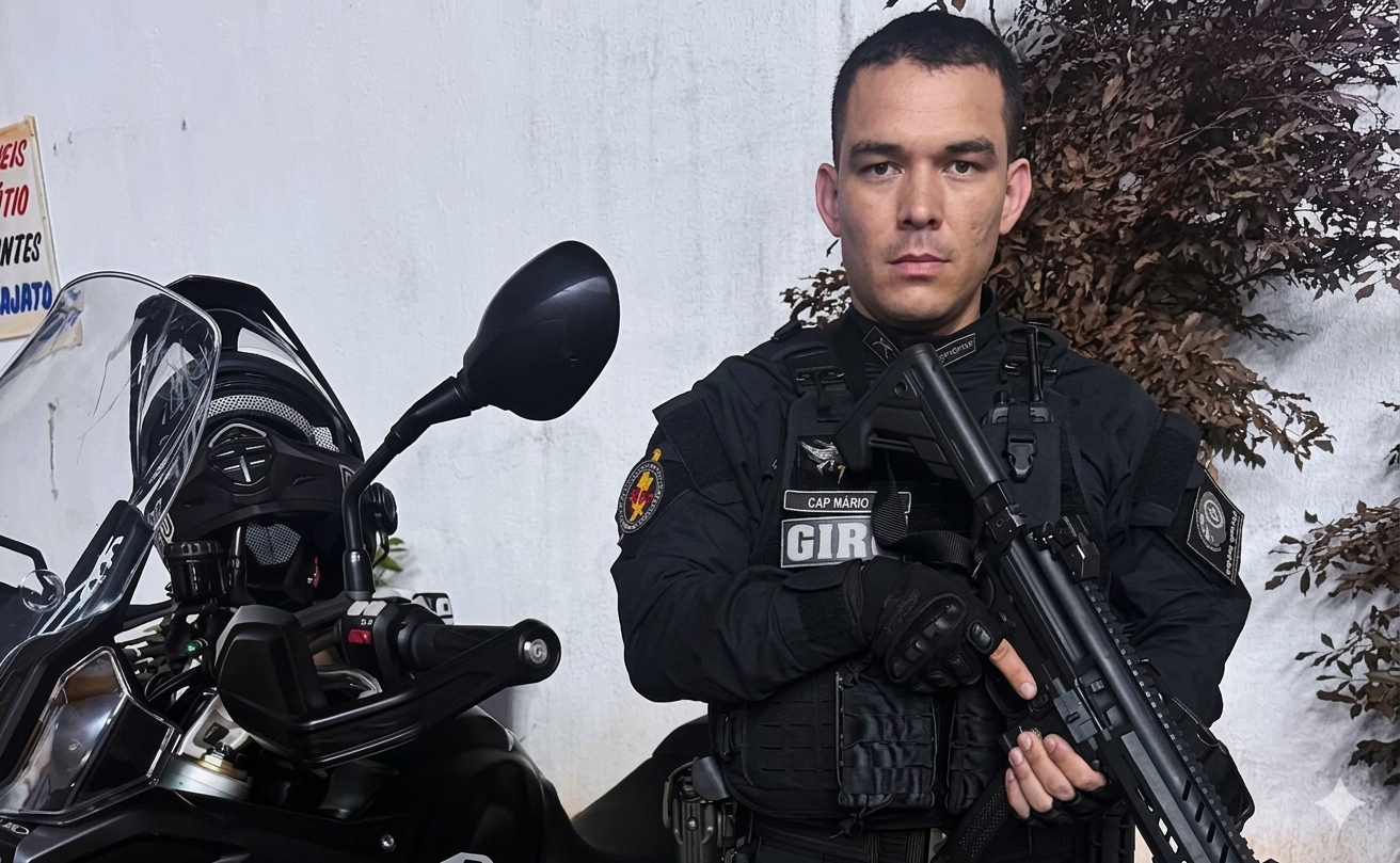 Major Mário Floro Jr, subcomandante do GIRO da Polícia Militar de Goiás, fardado ao lado de motocicleta tática