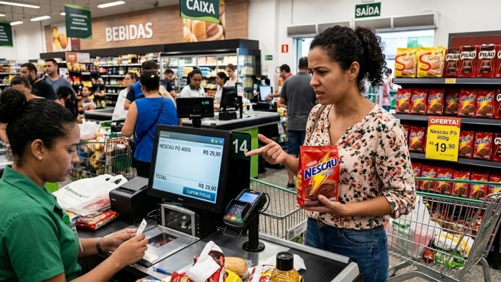 Consumidor pega produto anunciado por R$ 9,99 na gôndola, mas encontra cobrança de R$ 15,90 no caixa e descobre que pode exigir o menor preço, segundo advogado