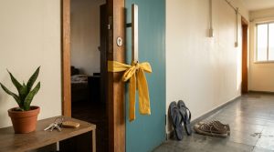Fita amarela na porta de casa
