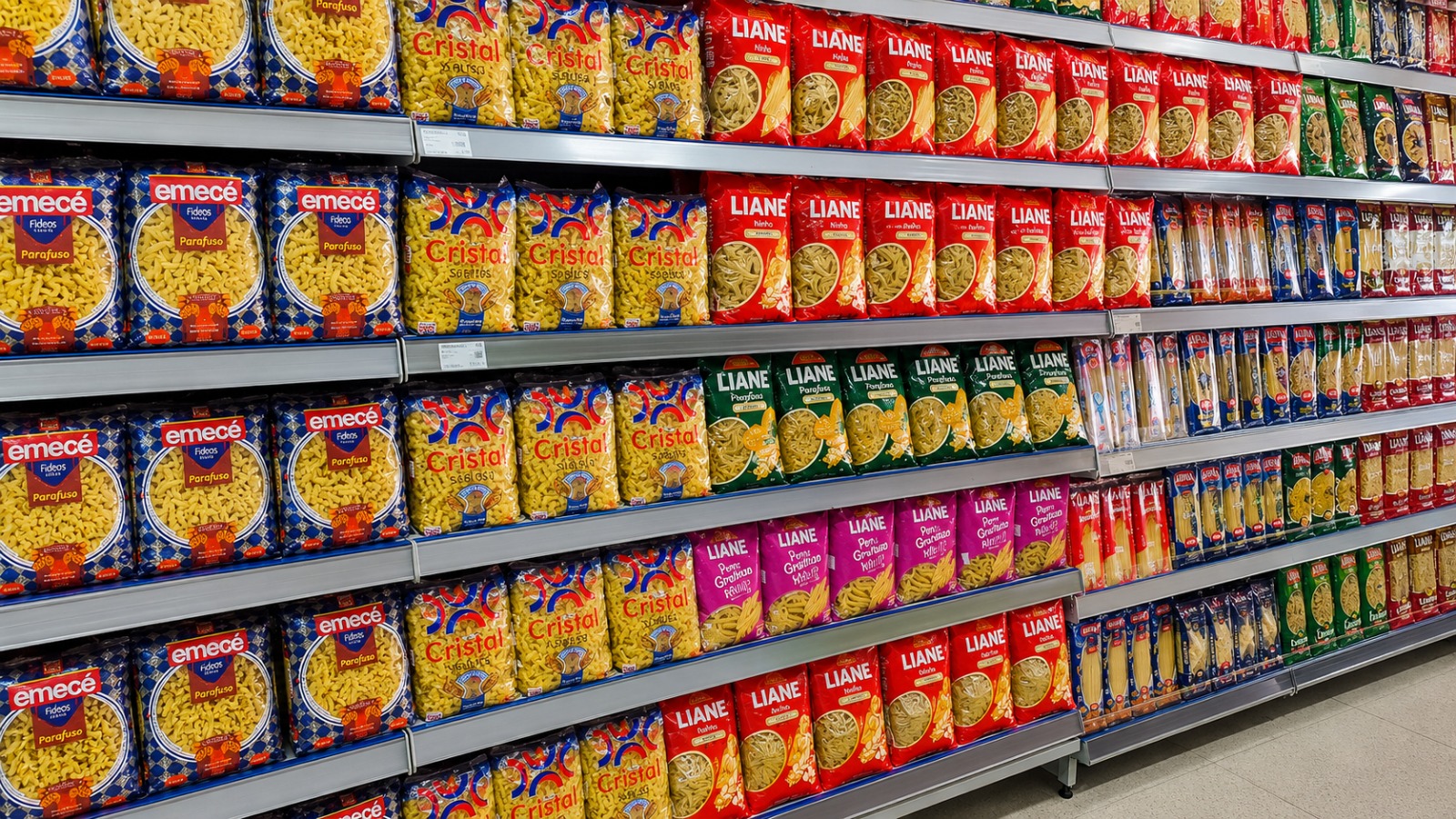 gôndola de macarrão no supermercado