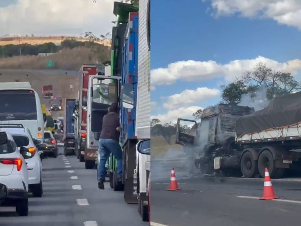 Carreta pega fogo perto de pedágio e paralisa trânsito na BR-060