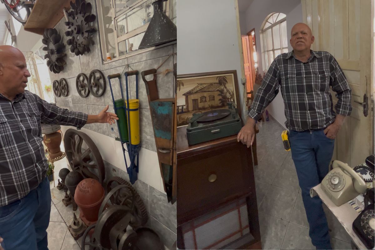 Lázaro Caldeira de Amorim entre as antiguidades que transformaram a própria casa em um verdadeiro museu de memórias. (Foto: Portal 6)