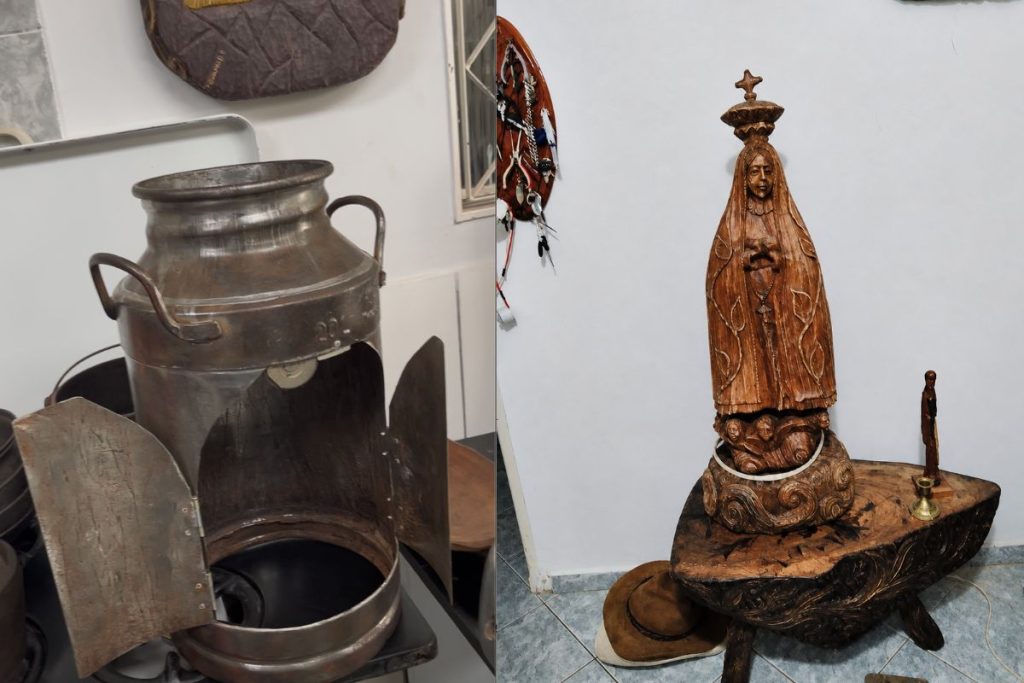 Oratório criado a partir de um antigo latão de leite aparece ao lado de uma imagem de santa esculpida por um amigo de Lázaro.