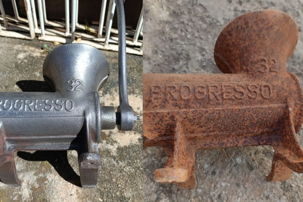 Máquina de moer café antes e depois da restauração feita por Lázaro, que devolveu à peça antiga os detalhes e o funcionamento original. (Foto: Lazaro Amorim)