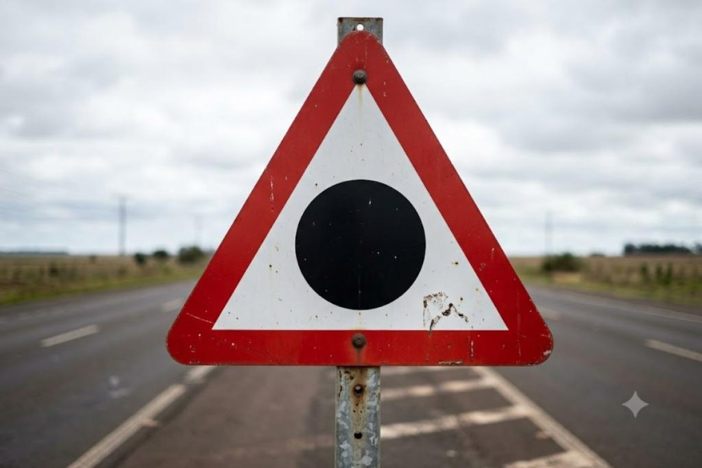 O que significa a placa de trânsito triangular com a borda vermelha e um círculo no centro, segundo o Departamento de Trânsito