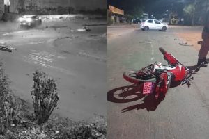 Motociclista ficou gravemente ferido após bater contra um carro na Avenida Contorno, em Anápolis. (Foto: Reprodução)