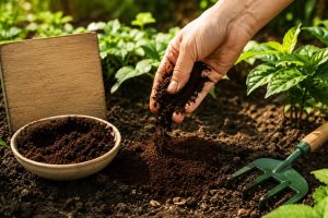 Espalhar borra de café na terra do quintal