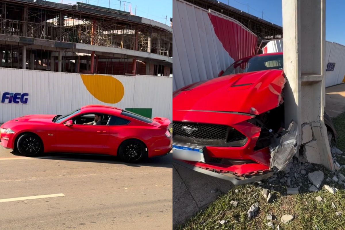 “Menos um Mustang na Terra”: carro de luxo bate em poste e fica destruído em Goiânia