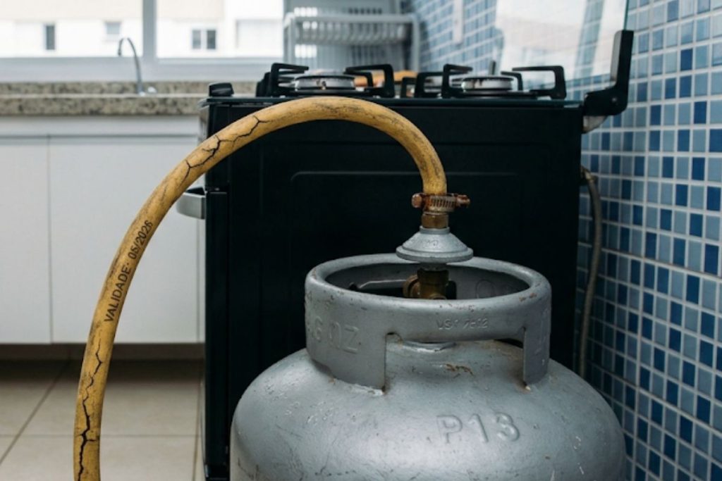 Técnico de instalação de gás alerta que 70% dos vazamentos perigosos em fogões novos acontecem porque o morador reaproveita a mangueira amarela vencida e ensina como conferir a validade e quando usar a de malha de aço