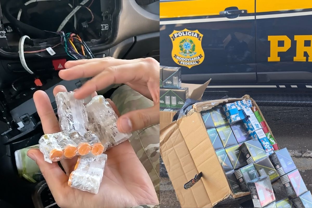 À esquerda, produtos apreendidos em Itumbiara; à direita, cigarros eletrônicos encontrados em Morrinhos. (Foto: Divulgação/PRF)