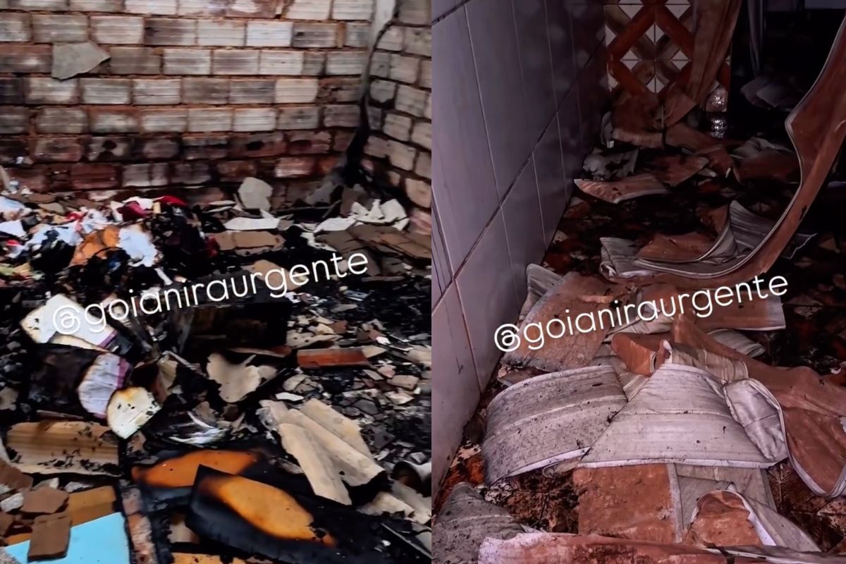 Cômodo usado como depósito ficou destruído e fumaça e calor deixaram resquícios em outros cômodos da casa. (Foto: Reprodução/Goianira Urgente)
