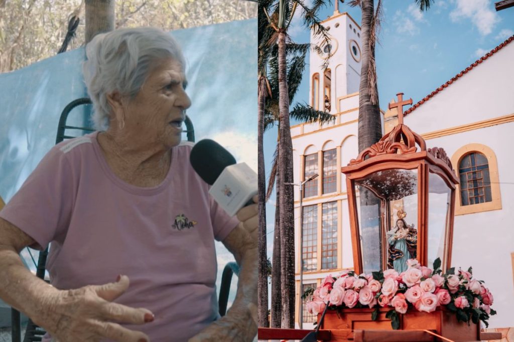 Augostinha, que participa da Romaria há 72 anos. Romeiros acompanham a chegada da imagem de Nossa Senhora d’Abadia durante a celebração no Muquém. (Foto: Reprodução/@santuarionsabadiadomuquem)