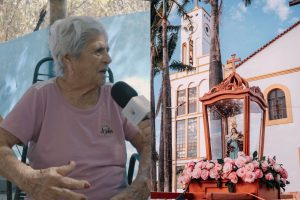 Augostinha, que participa da Romaria há 72 anos. Romeiros acompanham a chegada da imagem de Nossa Senhora d’Abadia durante a celebração no Muquém. (Foto: Reprodução/@santuarionsabadiadomuquem)