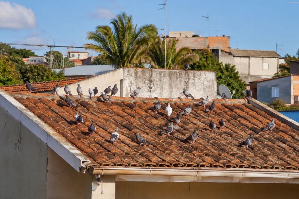 pombos no telhado