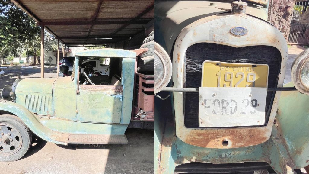 Carro Ford 1929 ficava exposto no Zoológico de Goiânia, mas agora está enferrujado.