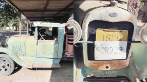 Carro Ford 1929 ficava exposto no Zoológico de Goiânia, mas agora está enferrujado.