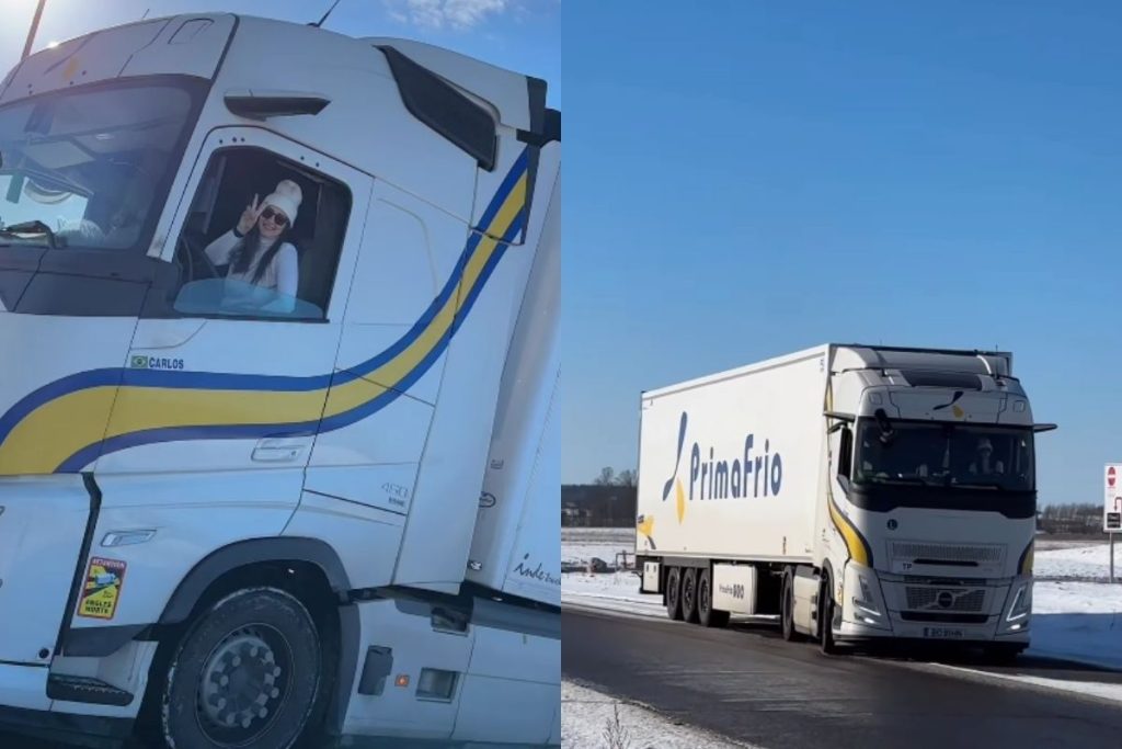 Mayara da Rosa dirigindo seu caminhão