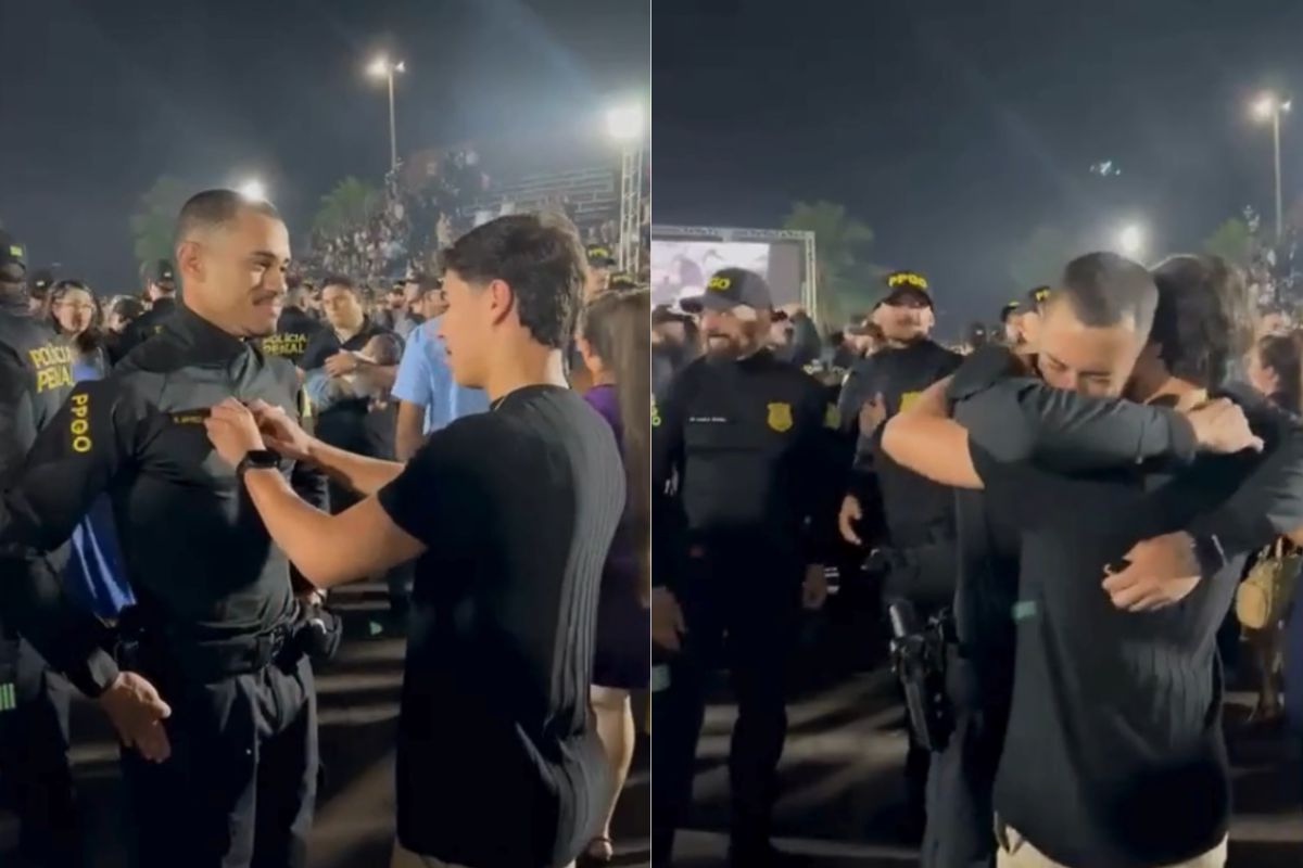 Jovem emociona ao trocar identificação de “aluno” pela de “policial penal” no uniforme do irmão recém-formado