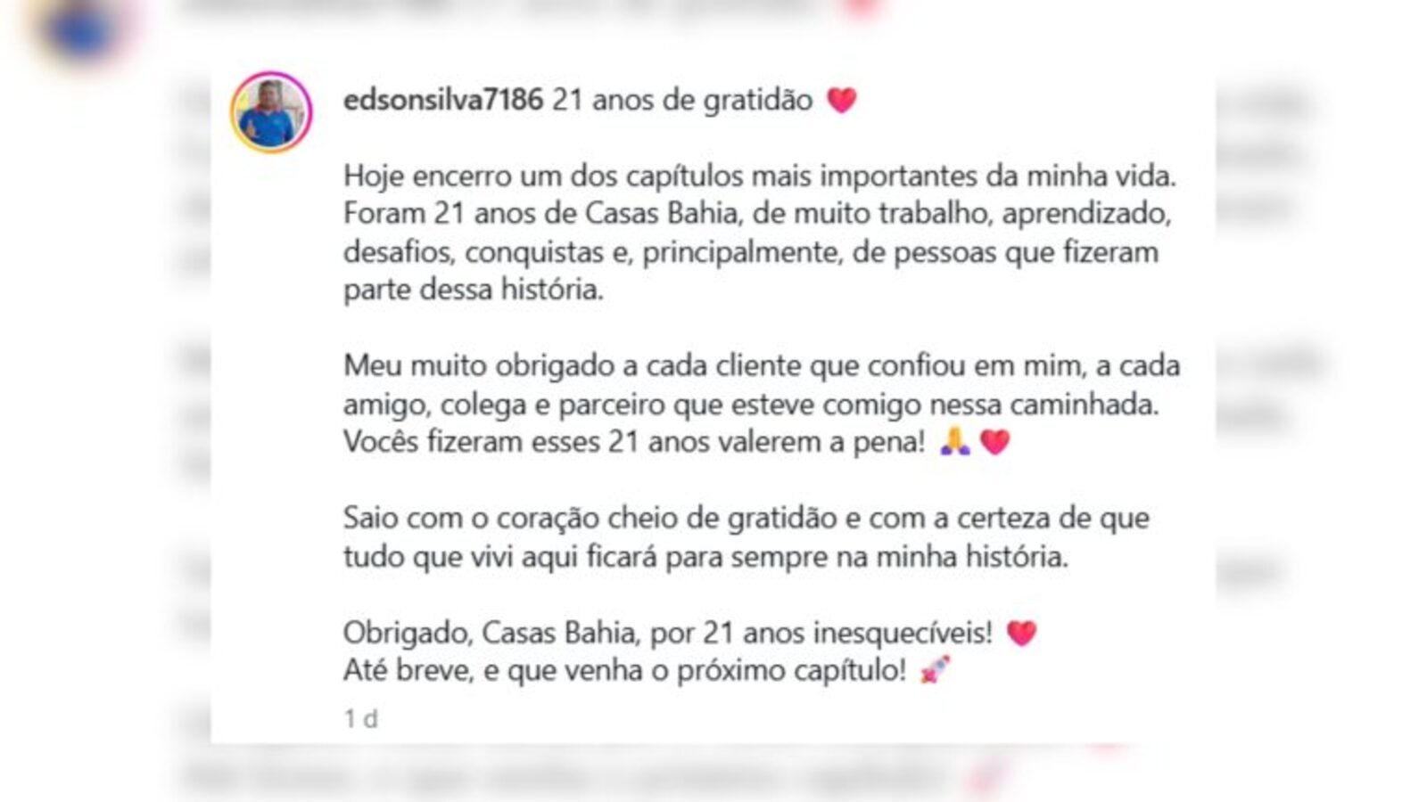 Funcionário com mais de 20 anos de história nas Casas Bahia dá o último adeus em meio ao anúncio de 2 mil demissões e do fechamento de quase 300 lojas: ‘Coração cheio de gratidão’