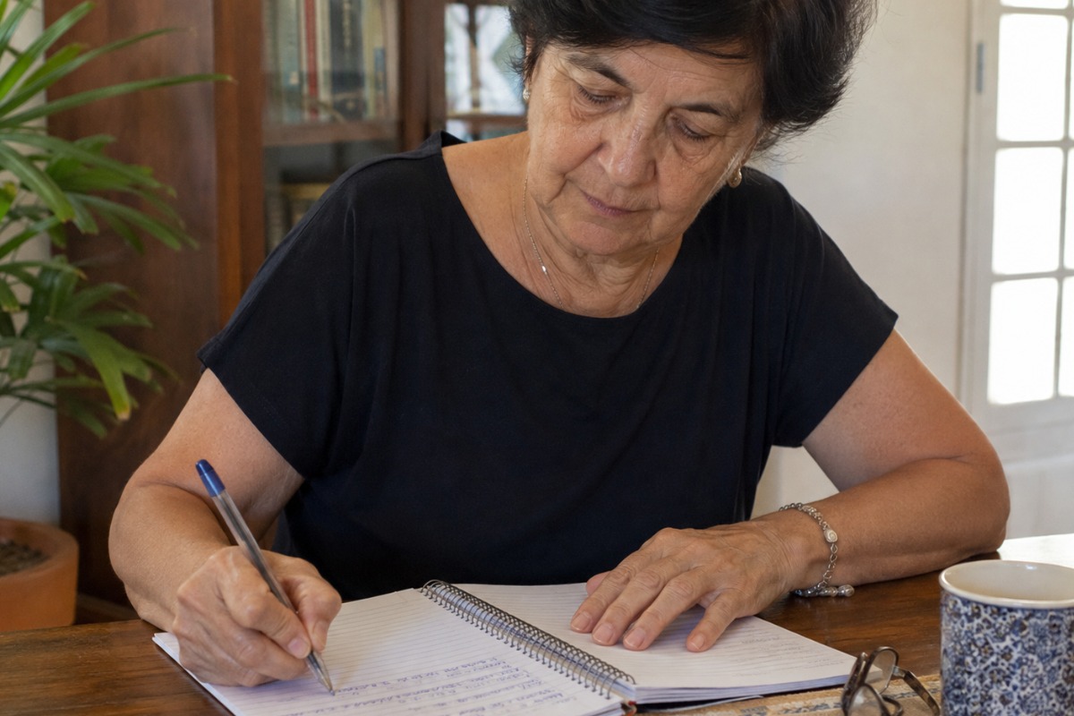 Pessoa com mais de 50 anos escrevendo com a mão não dominante