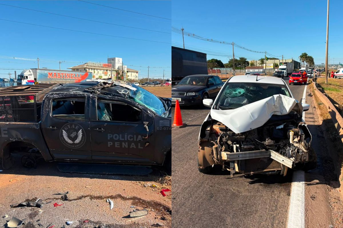 Cinco pessoas receberam atendimento após o acidente, entre elas três policiais penais, um detento e o motorista do carro. (Foto: Reprodução/PRF)