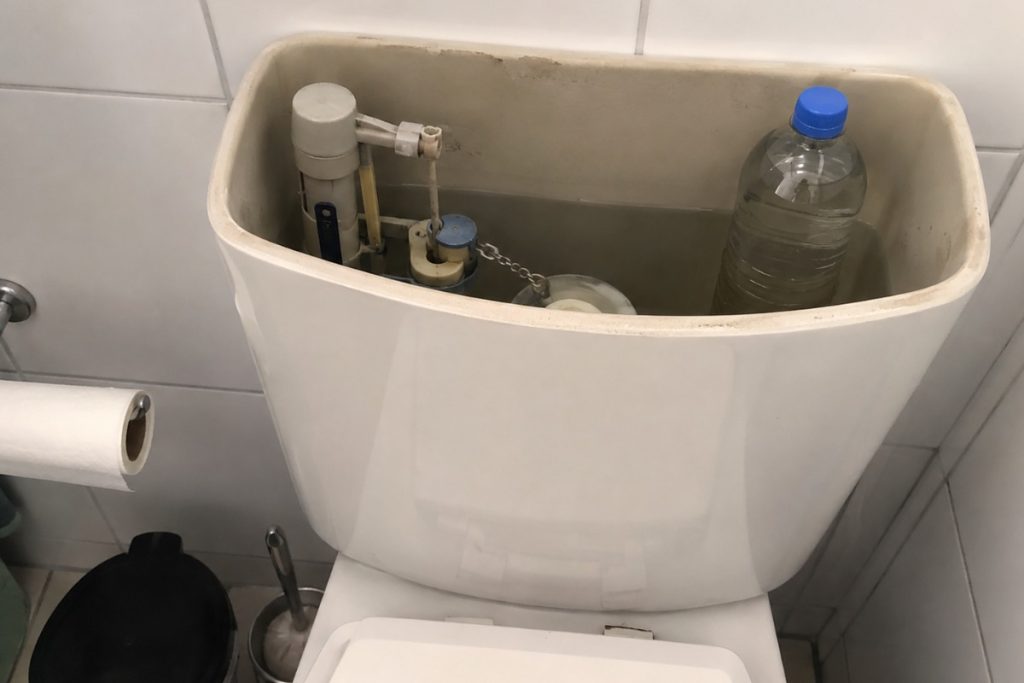 Garrafa PET cheia de água dentro da caixa acoplada do vaso sanitário
