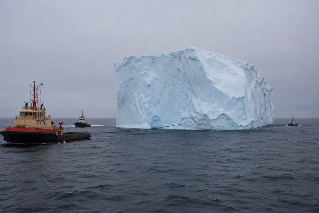 Navios rebocando iceberg gigante em projeto idealizado na década de 1970