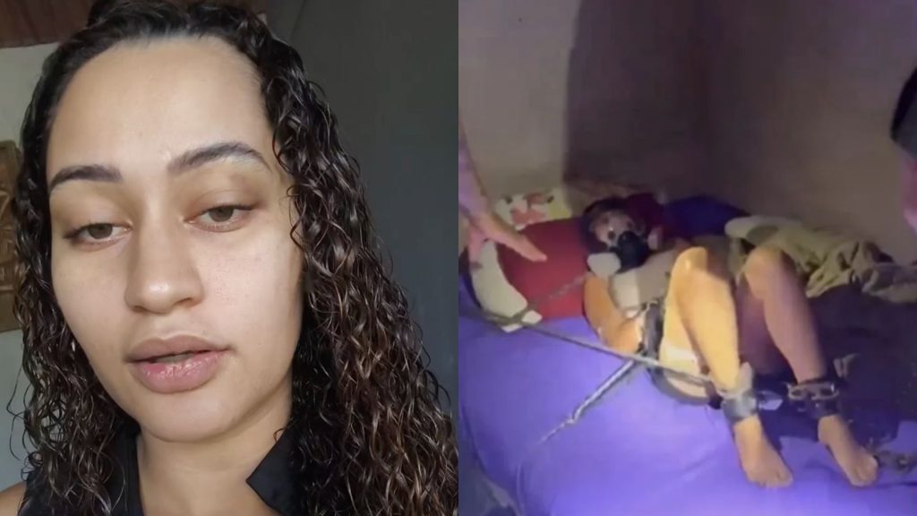 Emiliane Tamara foi a público após ser resgatada acorrentada e amordaçada pelo ex-companheiro em Águas Lindas de Goiás.