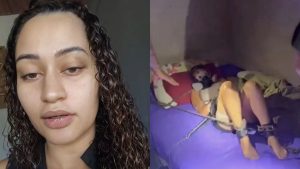 Emiliane Tamara foi a público após ser resgatada acorrentada e amordaçada pelo ex-companheiro em Águas Lindas de Goiás.