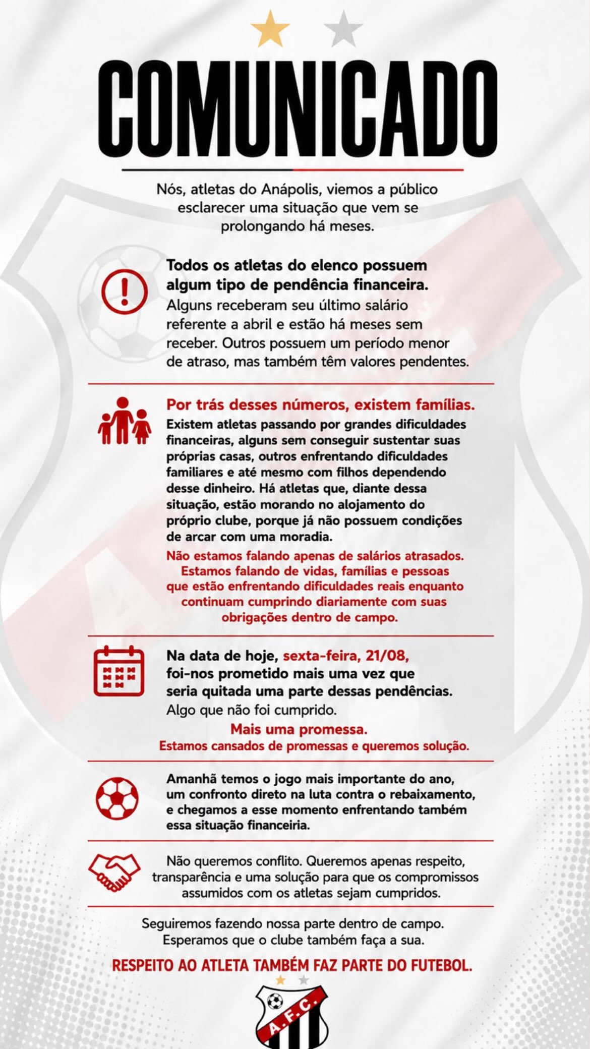 Jogadores do Anápolis denunciam salários atrasados e cobram solução antes de confronto decisivo