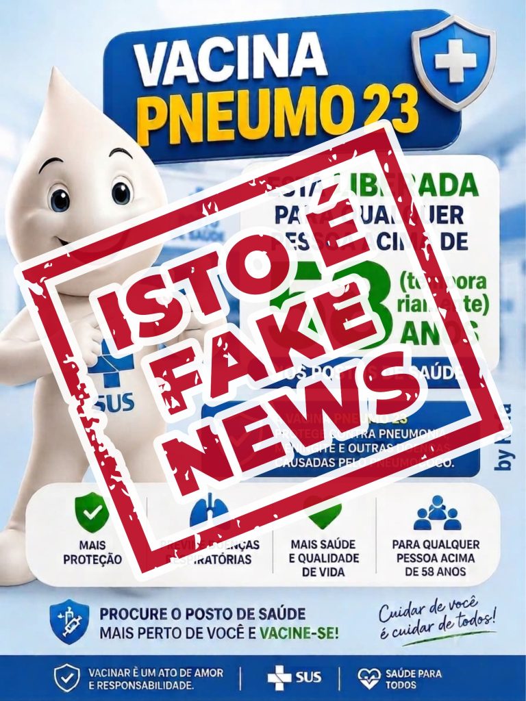 Mensagem que circula nas redes sociais divulga informação falsa sobre a disponibilidade da vacina Pneumo 23 para pessoas acima de 58 anos. (Foto: Reprodução)