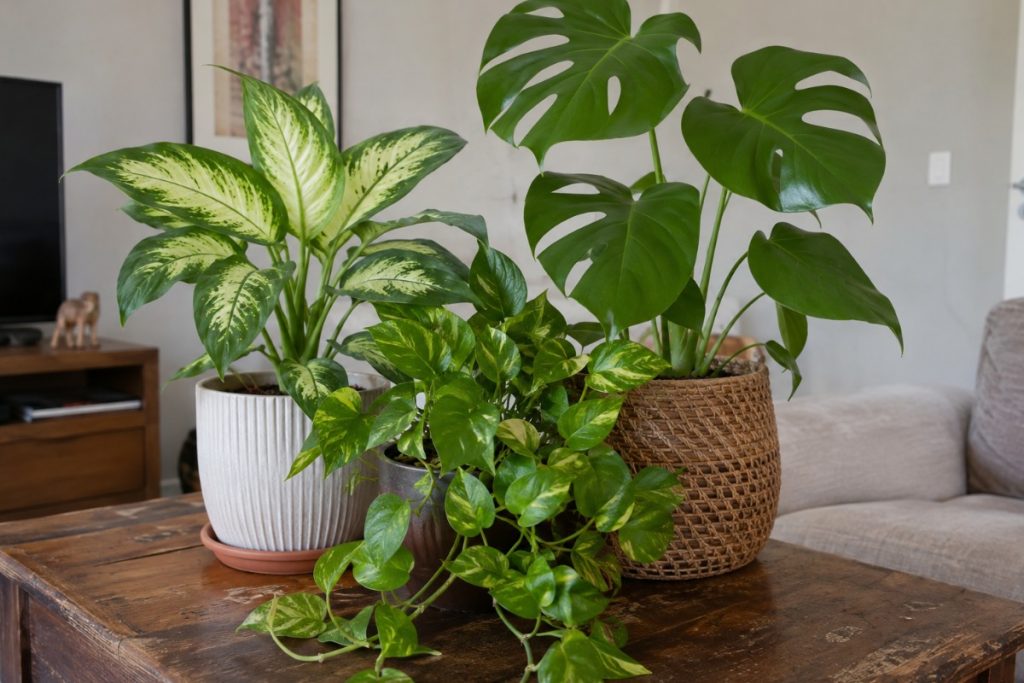 Plantas em vasos posicionadas em local alto dentro de casa