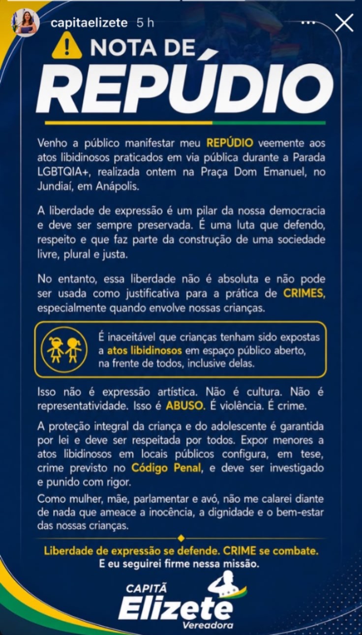 Sem provas, vereadora acusa Parada LGBTQIA+ de Anápolis de expor crianças a “atos libidinosos”