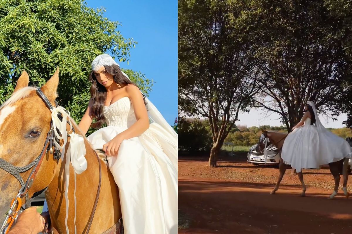Thályta de Almeida surpreendeu os convidados ao chegar montada na égua Arizona para o próprio casamento em Goiânia. (Foto: Reprodução/Instagram)