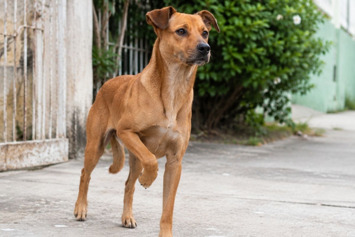 cachorro com uma pata levantada