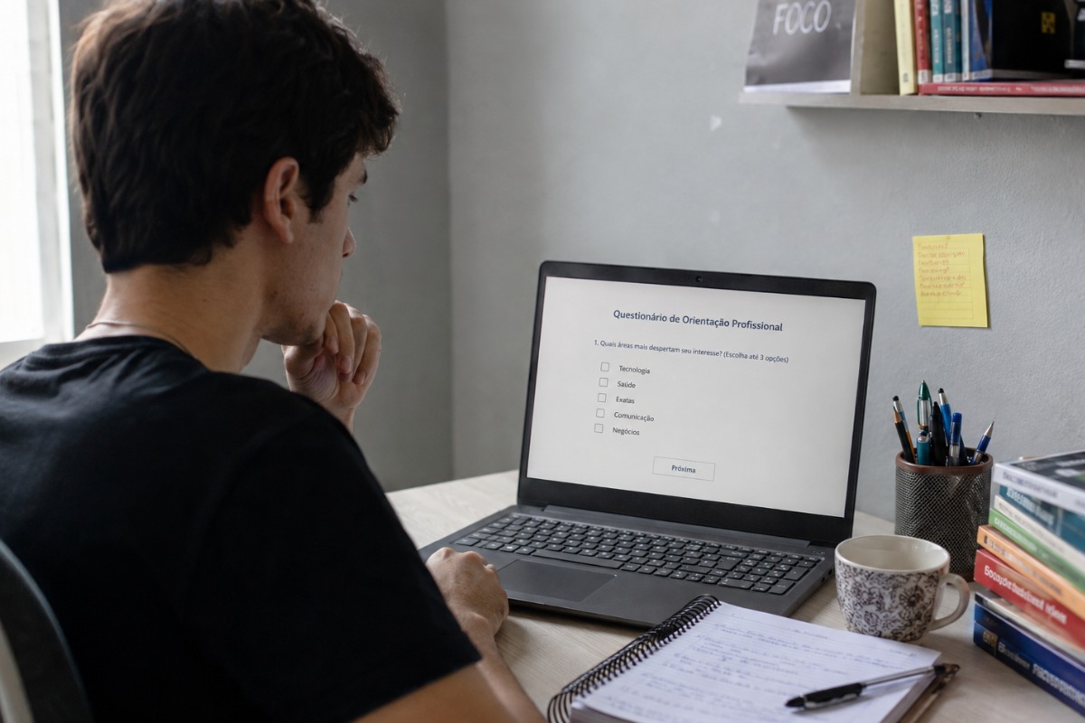 Pessoa fazendo teste vocacional em notebook para escolher uma faculdade