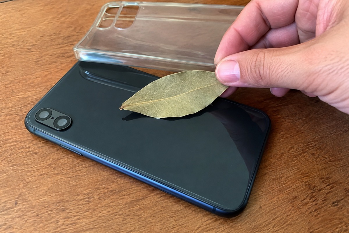 Folha seca de louro sendo colocada entre celular e capinha transparente
