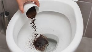 borra de café sendo jogada no vaso sanitário