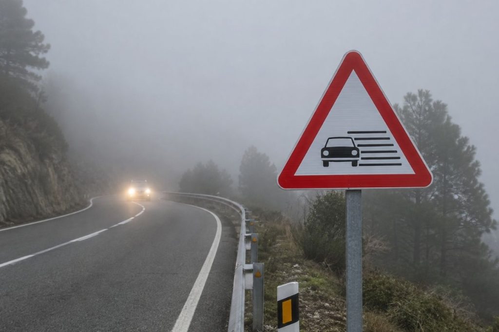 placa de trânsito triangular com fundo branco e um carro por listras pretas