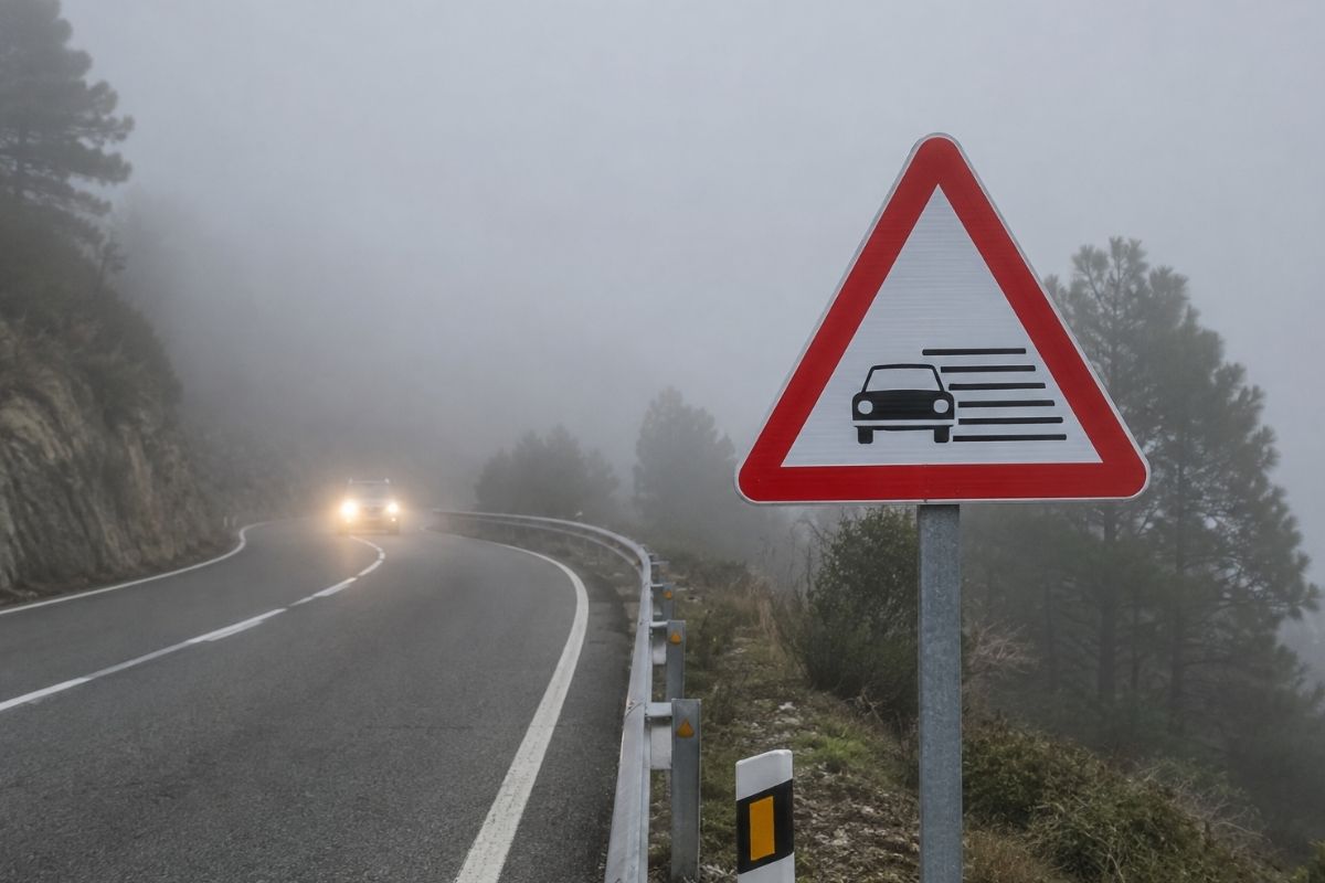 placa de trânsito triangular com fundo branco e um carro por listras pretas