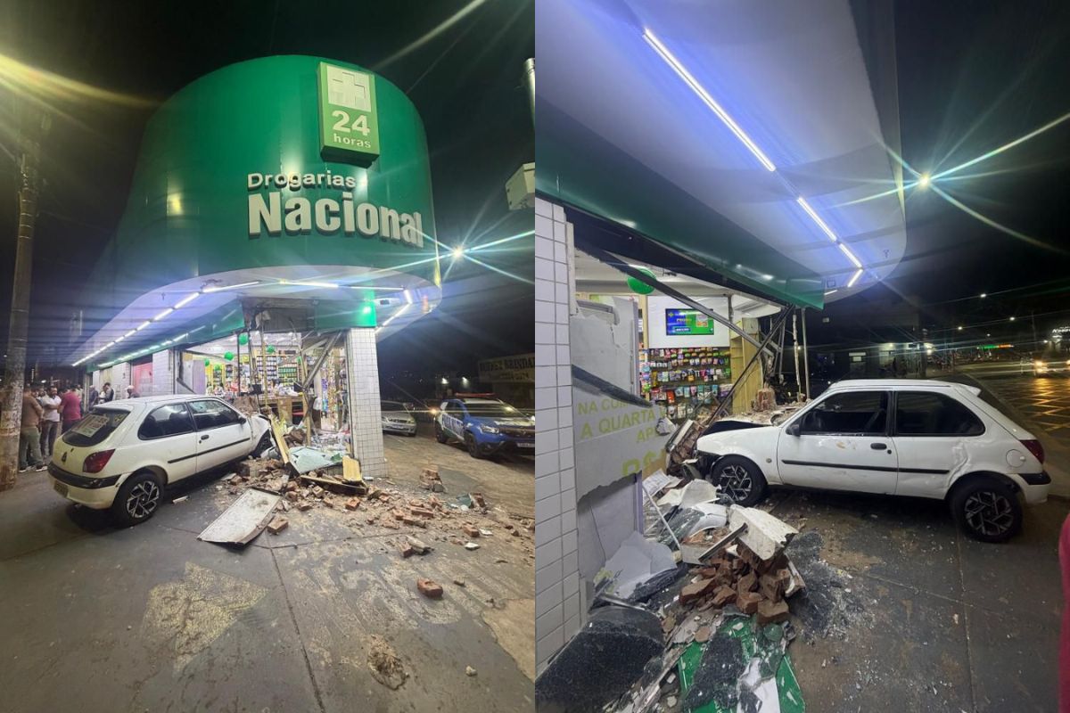 Vídeo mostra momento em que carro perde controle e atinge farmácia em Anápolis