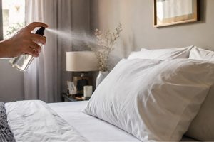 Perfume de tecidos sendo borrifado sobre cama arrumada em quarto