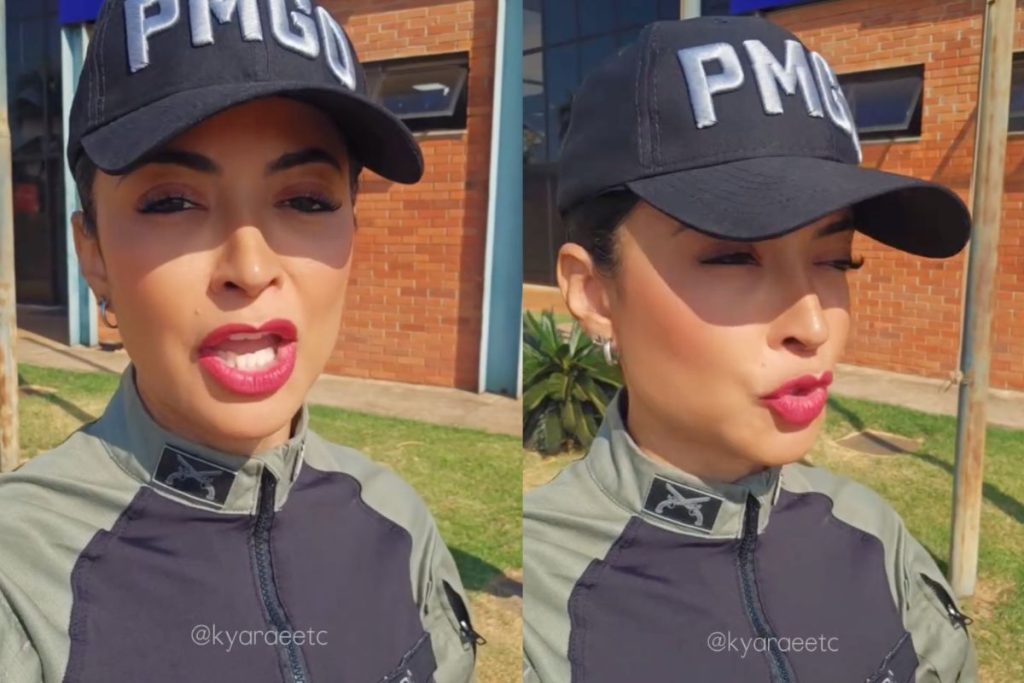 Sargento Kyara viralizou ao usar o calor intenso em Goiânia para dar um conselho bem-humorado aos seguidores. (Foto: Reprodução/Redes sociais/@kyaraeetc)