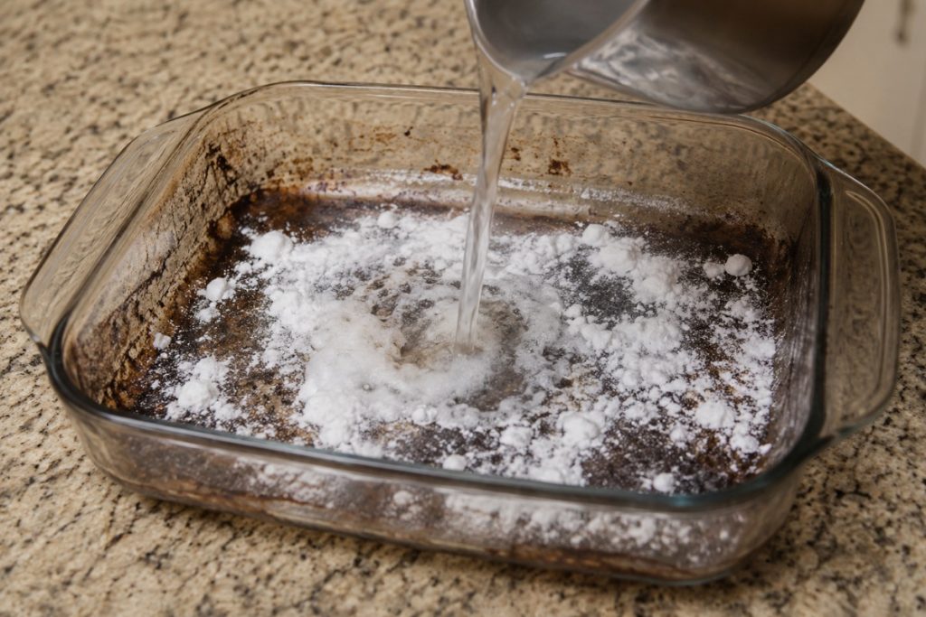 Água quente sendo despejada sobre bicarbonato em forma de vidro com comida queimada