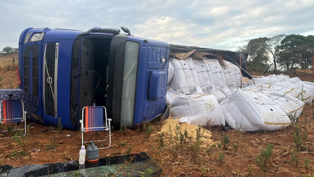 Carreta carregada de soja saiu da pista e tombou às margens da GO-222, em Anápolis. (Foto: Reprodução)