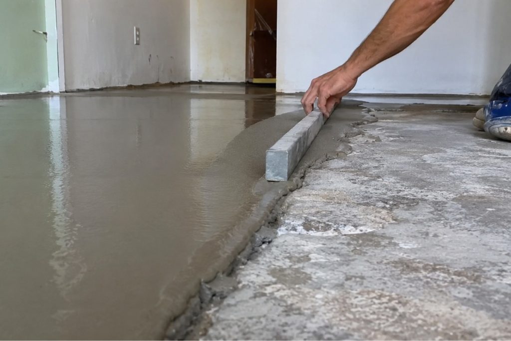 Pedreiro aplica massa niveladora para corrigir desnível em piso residencial