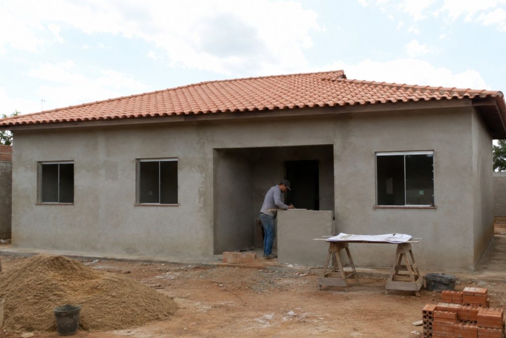 Casa térrea simples de três quartos em construção com pedreiro trabalhando