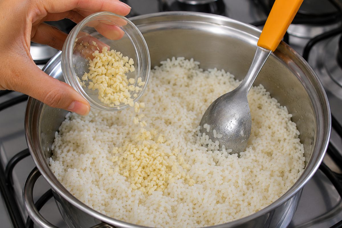 alho sendo jogado no arroz