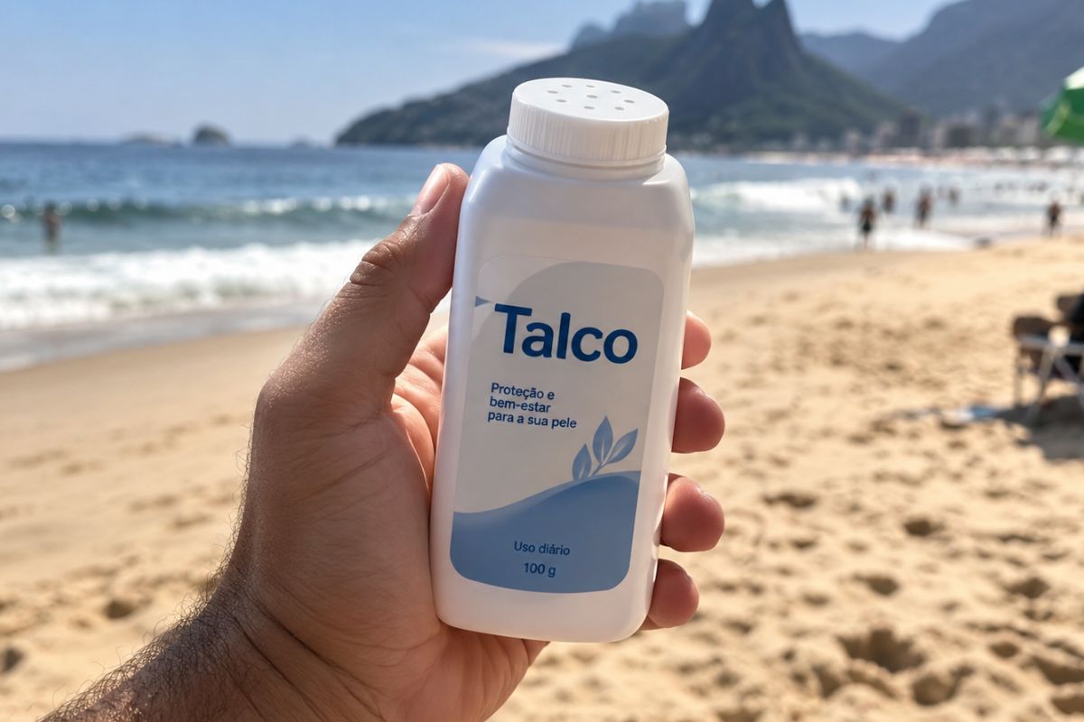 segurando talco na praia