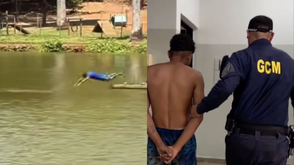Homem foi preso após mergulhar em lago de Goiânia e desacatar ordens de sair.